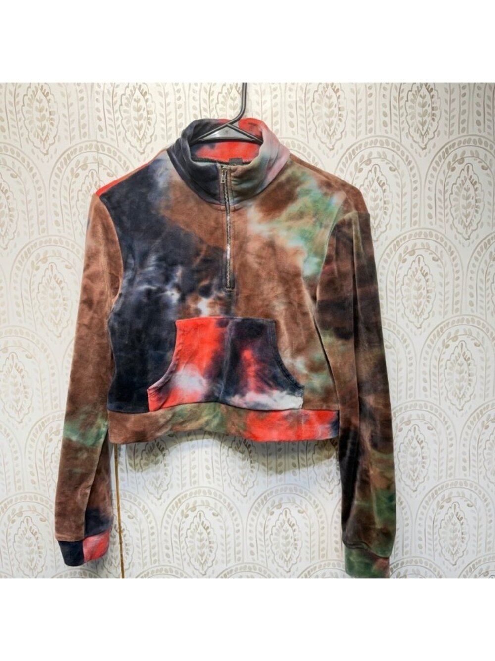 Akira Sweatshirt Womens Small Brown Tie Dye Quarter Zip Cropped Velour Pullover